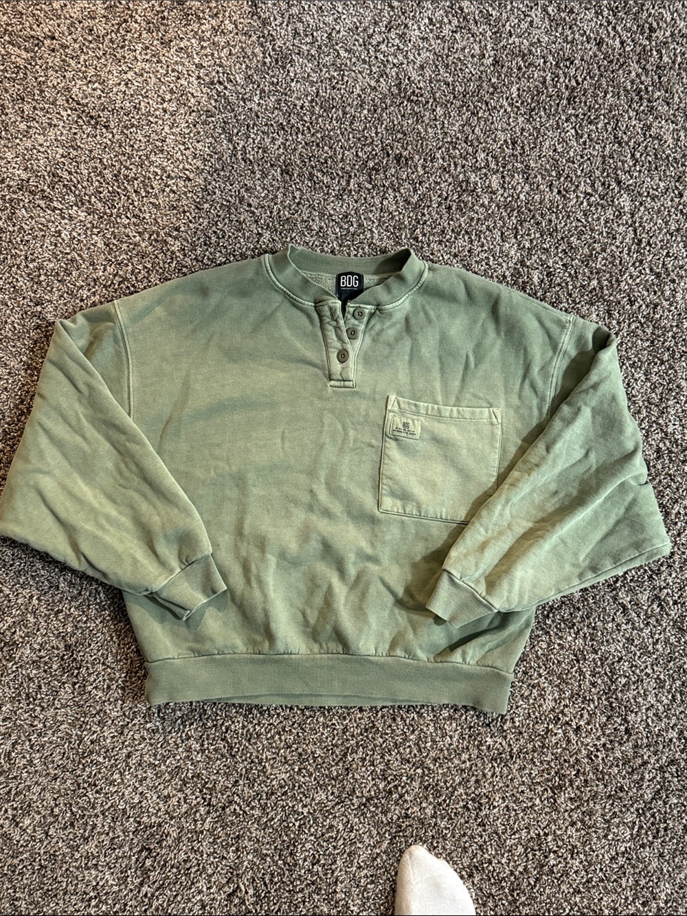 BDG Olive Green Henley Crewneck Sweater with Chest Pocket